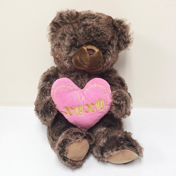 HugFun Brown Bear Valentine Heart XOXO Heart Pillow Stuffed Animal Plush - Picture 1 of 7